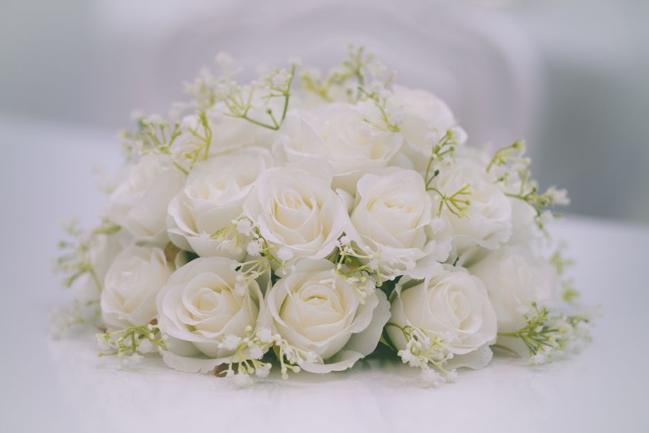 A floral arrangement featuring a bouquet of pristine white roses with tightly curled petals and a soft velvety texture, accented by small sprigs of delicate white baby's breath and light green foliage