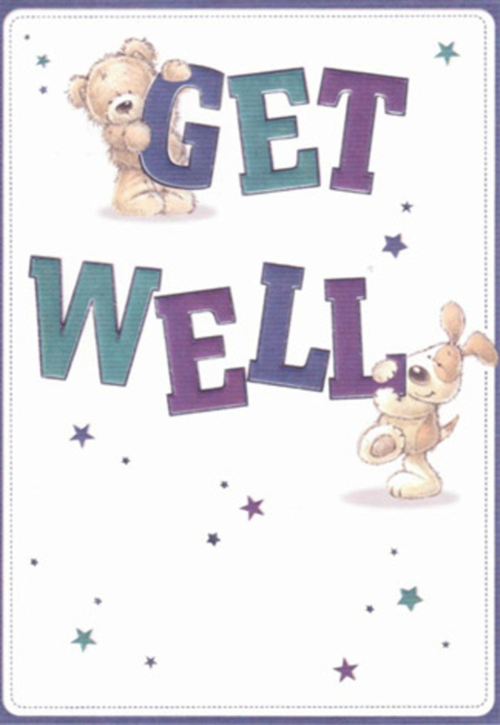 Within this get well card's cheerful composition, a tender moment unfolds-a fluffy bear and an eager puppy joyfully lend their affection to a message of heartfelt encouragement. The bear, all soft contours and welcoming plush, sits atop confident violet and teal letters forming the word 'GET', while the puppy-its velvety ears flopping endearingly-rests close to 'WELL', offering a touch of lively companionship. Whimsical stars, softly gleaming in blues and purples, trail around the figures, evoking feelings of gentle optimism as they seem to float above a pristine white background reminiscent of Harefield's peaceful mornings. The tactile detail of fur on both the bear and puppy invites a sense of touch, as if their comforting embrace is just within reach-much like the softness of petals in a thoughtfully hand-tied bouquet prepared for doorstep delivery on Northwood Road. The bold typography grounds the scene with cheerfulness and assurance, while the interplay of colour and form is expertly woven together, much as a florist blends foliage and flowers for healing intent. This illustration feels perfectly suited to accompany a bouquet sent from Harefield; it radiates positivity and caring, creating a gentle, uplifting gesture for anyone in need of a little light during recovery.